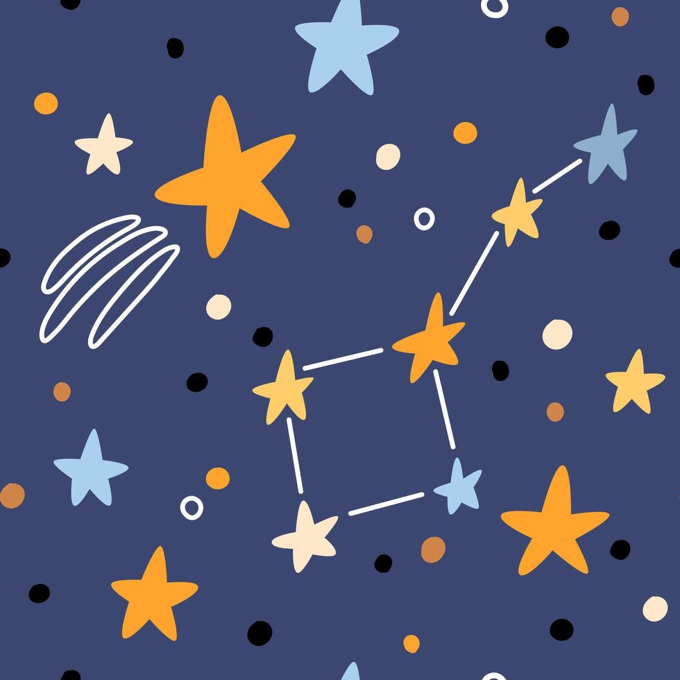 Hand gezeichnet Kosmos Muster. süß Sterne und Kometen abstrakt Muster. perfekt zum Kinder Stoff, Textil, Kindergarten Hintergrund. vektor