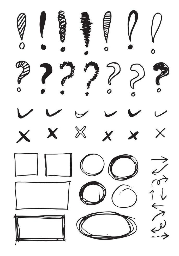 Gekritzel Linien und Kurven.Hand gezeichnet prüfen und Pfeile Zeichen. einstellen von einfach Gekritzel Linien, Kurven, Frames und Flecken. Sammlung von Bleistift Auswirkungen. Gekritzel Grenze. einfach Gekritzel Satz. vektor