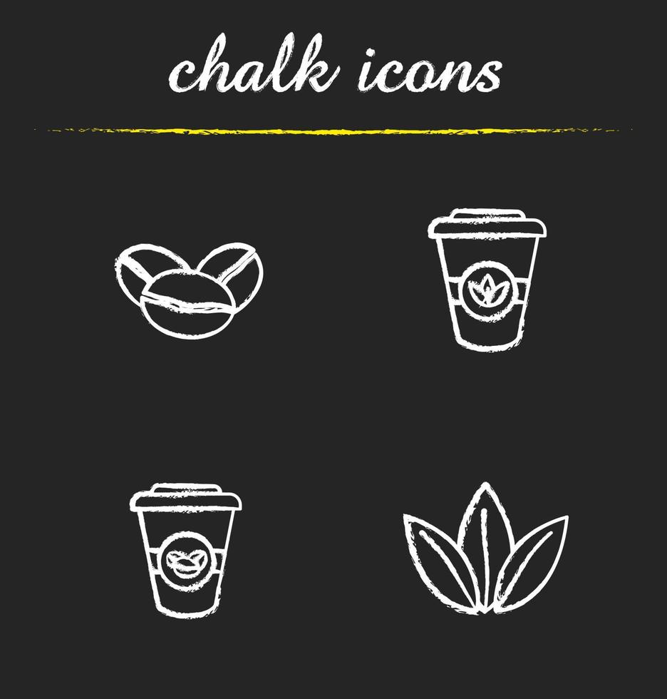 te och kaffe krita ikoner set. rostade kaffebönor, teblad och engångspappersmuggar. isolerade svarta tavlan vektorillustrationer vektor