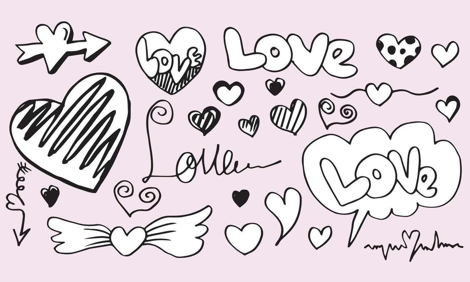 Hand gezeichnet Kritzeleien einstellen zum Valentinstag Tag. Sammlung von schön Herzen und Schriften Liebe auf Rosa Hintergrund. vektor