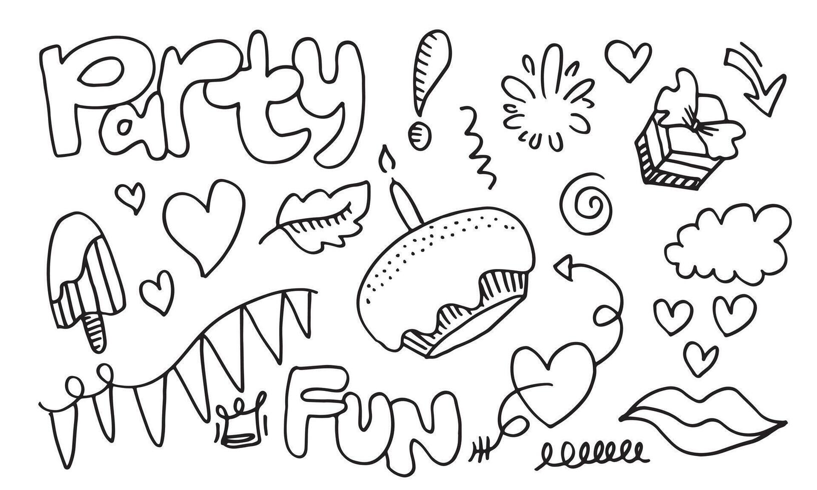 Party Gekritzel. Hand gezeichnet Karikatur Illustration. hell Hand gezeichnet Beschriftung im Kreis zum Karte, Poster, Banner. vektor