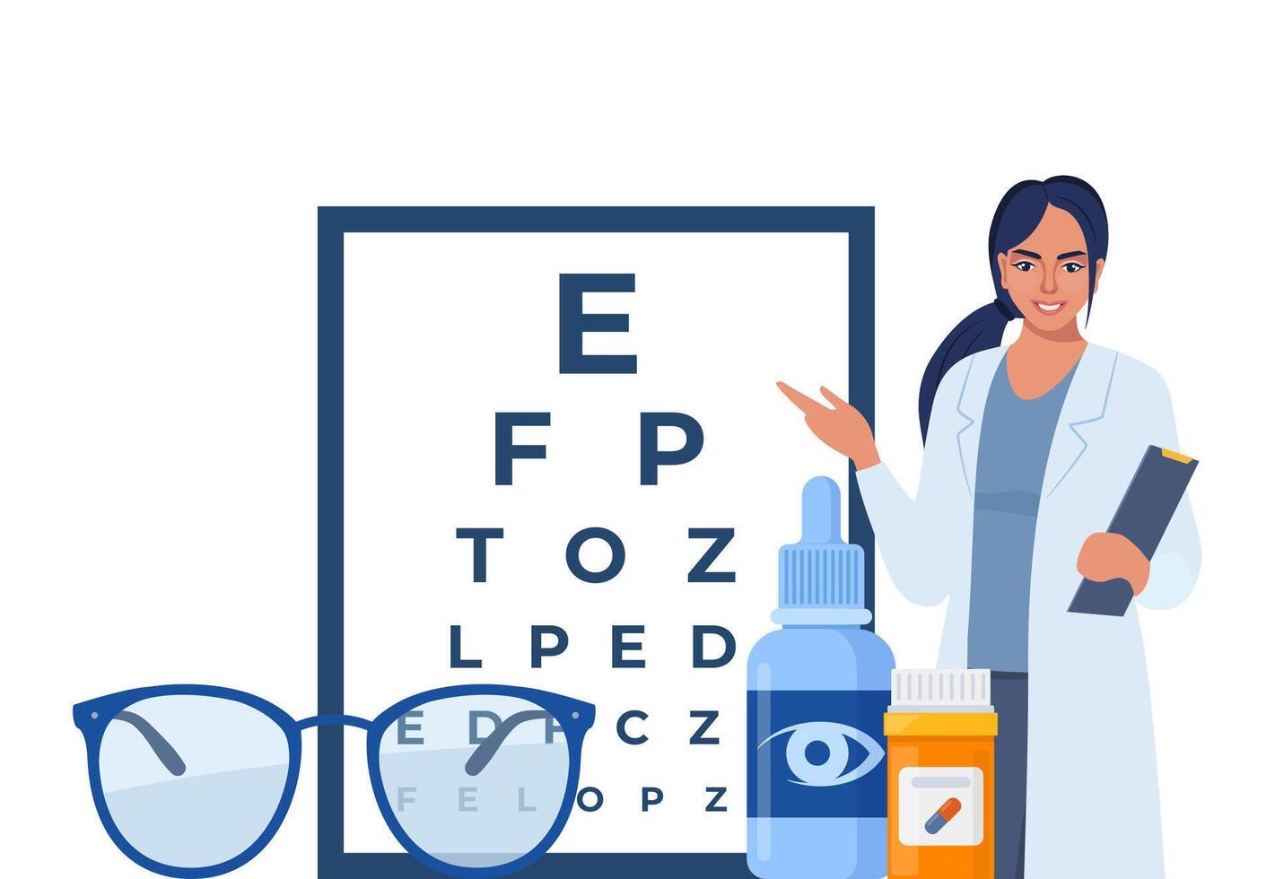 Augenheilkunde Symbol Komposition. Gläser, Auge Tropfen, Kontakt Linsen, Prüfung Tabelle mit Briefe zum Auge Untersuchung. Vision Korrektur. Augenheilkunde Konzept. vektor