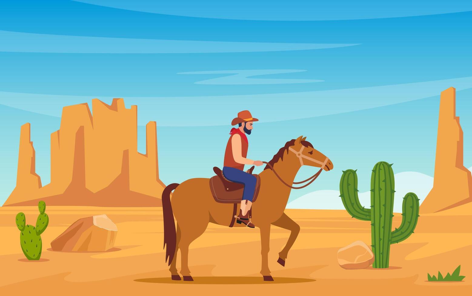 Wüste Landschaft mit Cowboy auf Pferd, Berge, Kakteen. wild Westen Texas im eben Stil. Western Szene. wild Westen Arizona. vektor
