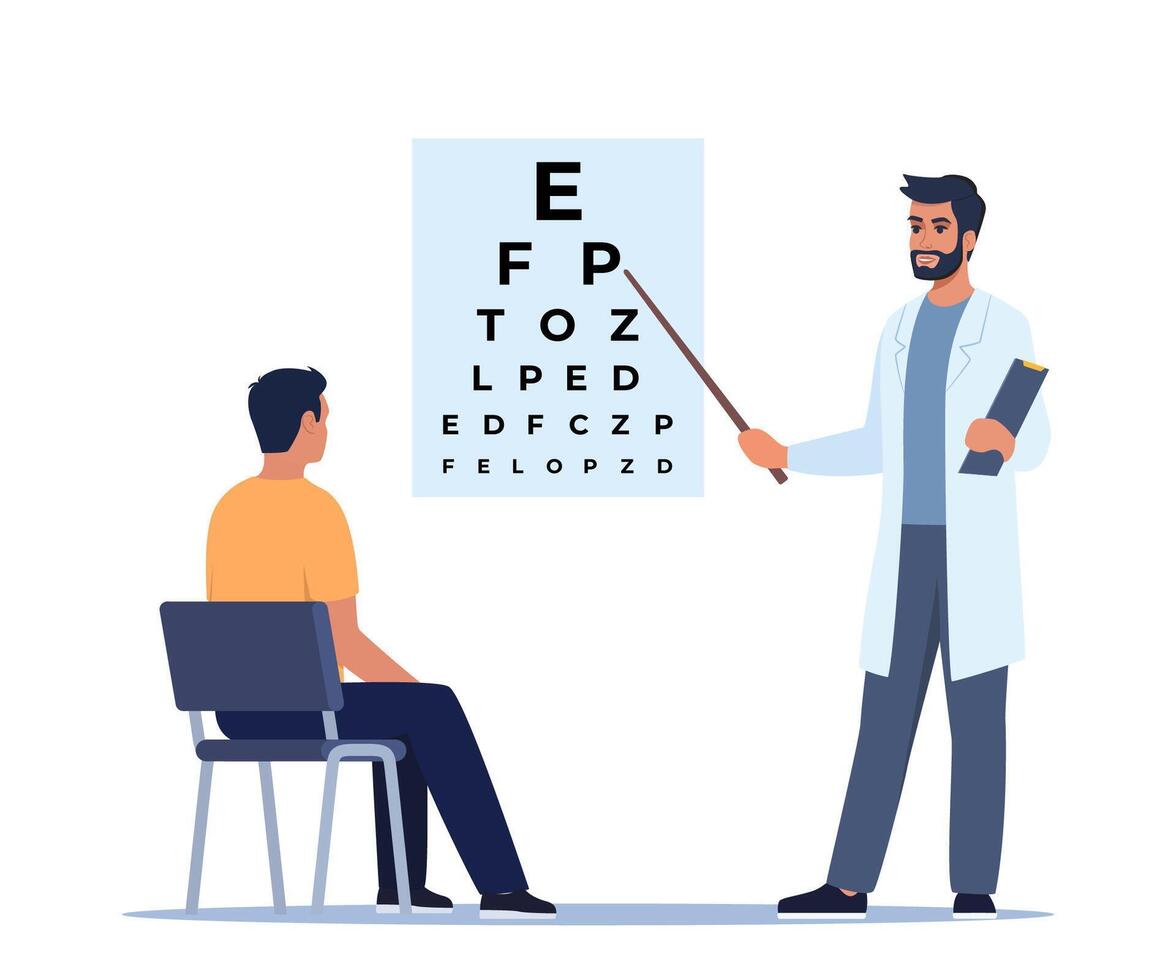 ögonläkare stående nära öga testa styrelse och som visar brev till patient. oftalmologi diagnostik, syn korrektion, optometri. ögonläkare kontroll syn av patient. öga klinik utnämning. vektor