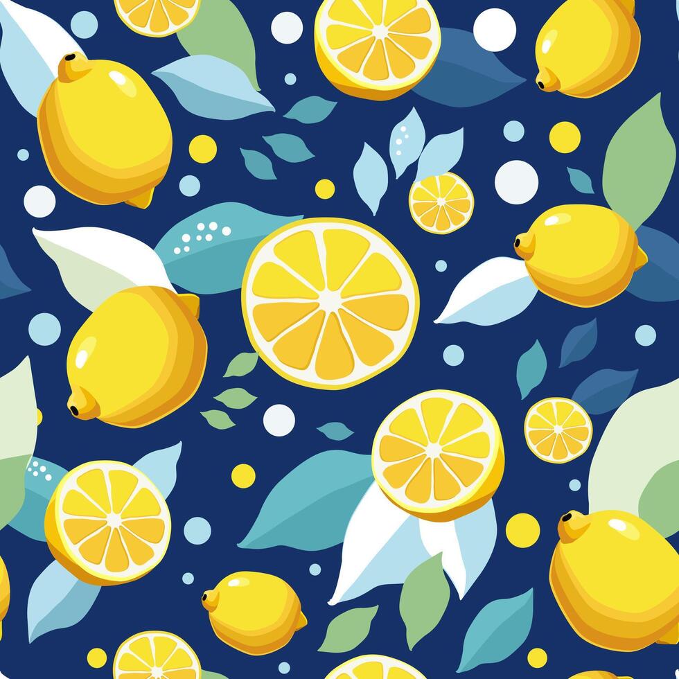 nahtlos Muster mit Gelb Zitronen und Grün Blätter. isoliert Illustration auf Blau Hintergrund. Sommer- Obst Design zum Stoff, Textilien, Bett Leinen, Kinder- Kleidung, Scrapbooking vektor