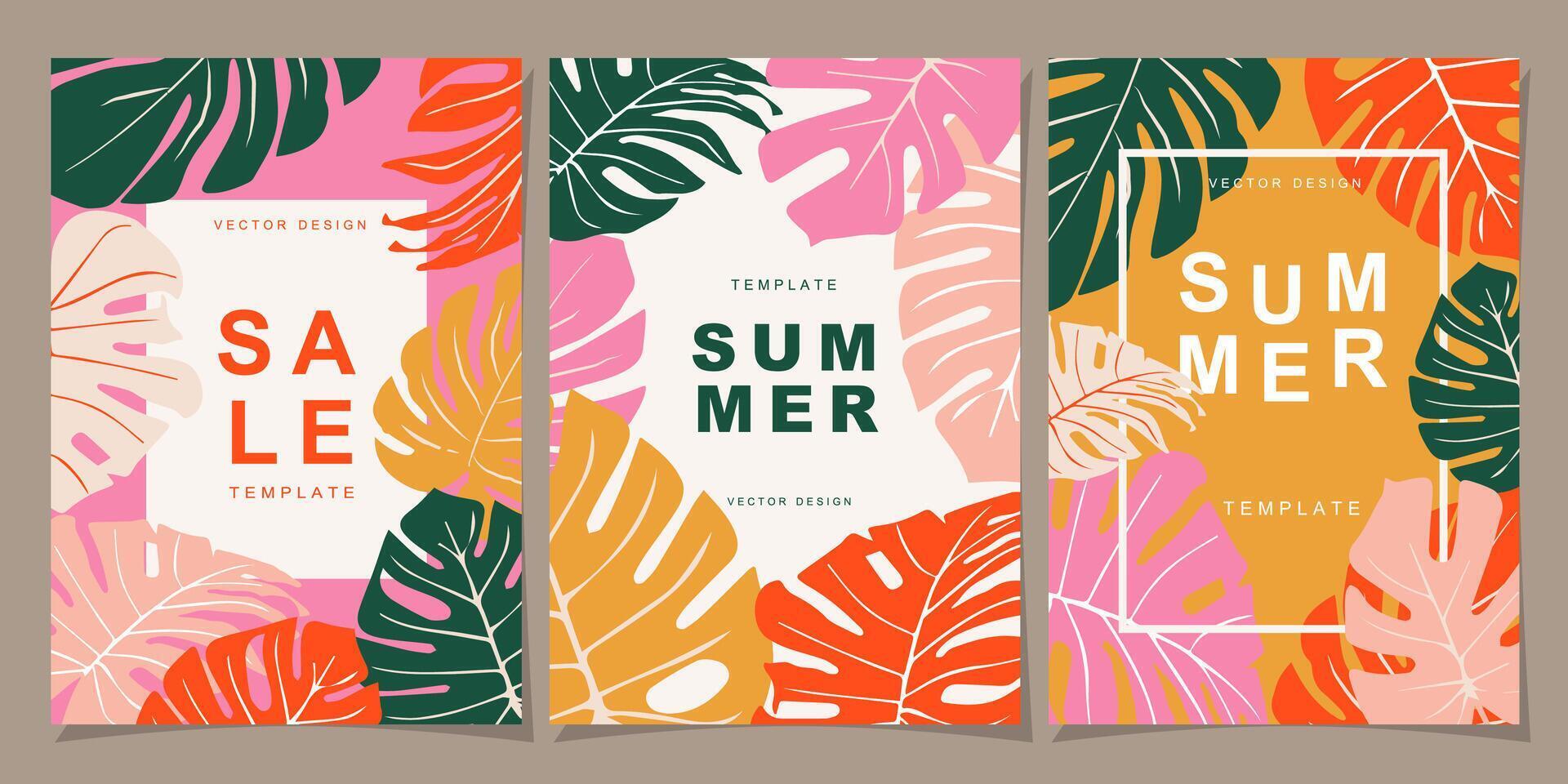 Tropen Vorlage einstellen zum Poster, Abdeckung, Karte, Etikett, Banner im modern minimalistisch Stil und einfach Sommer- Design Vorlagen mit tropisch Blätter, Blume. vektor