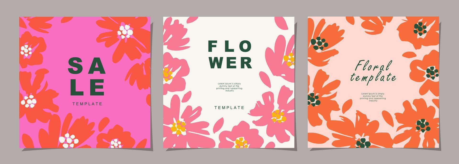 Blumen- Vorlage einstellen zum Poster, Karte, Abdeckung, Mauer Kunst, Banner im modern minimalistisch Stil und einfach Sommer- Design Vorlagen mit Blumen und Pflanzen. vektor