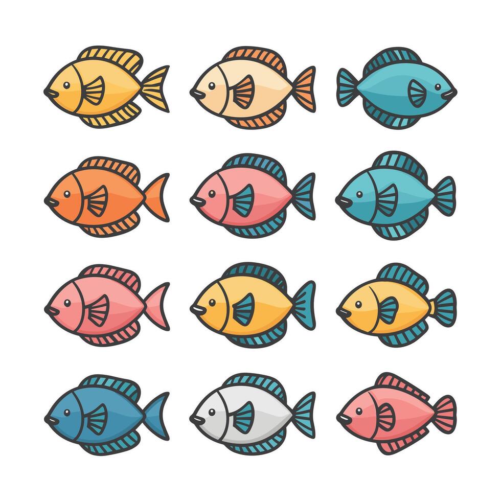 Sammlung von Hand gezeichnet süß Fische im eben Stil. Fische Körper Symbole groß Satz. Illustration zum Symbol, Logo, drucken, Symbol, Karte, Emblem, Etikett. Aquarium. vektor