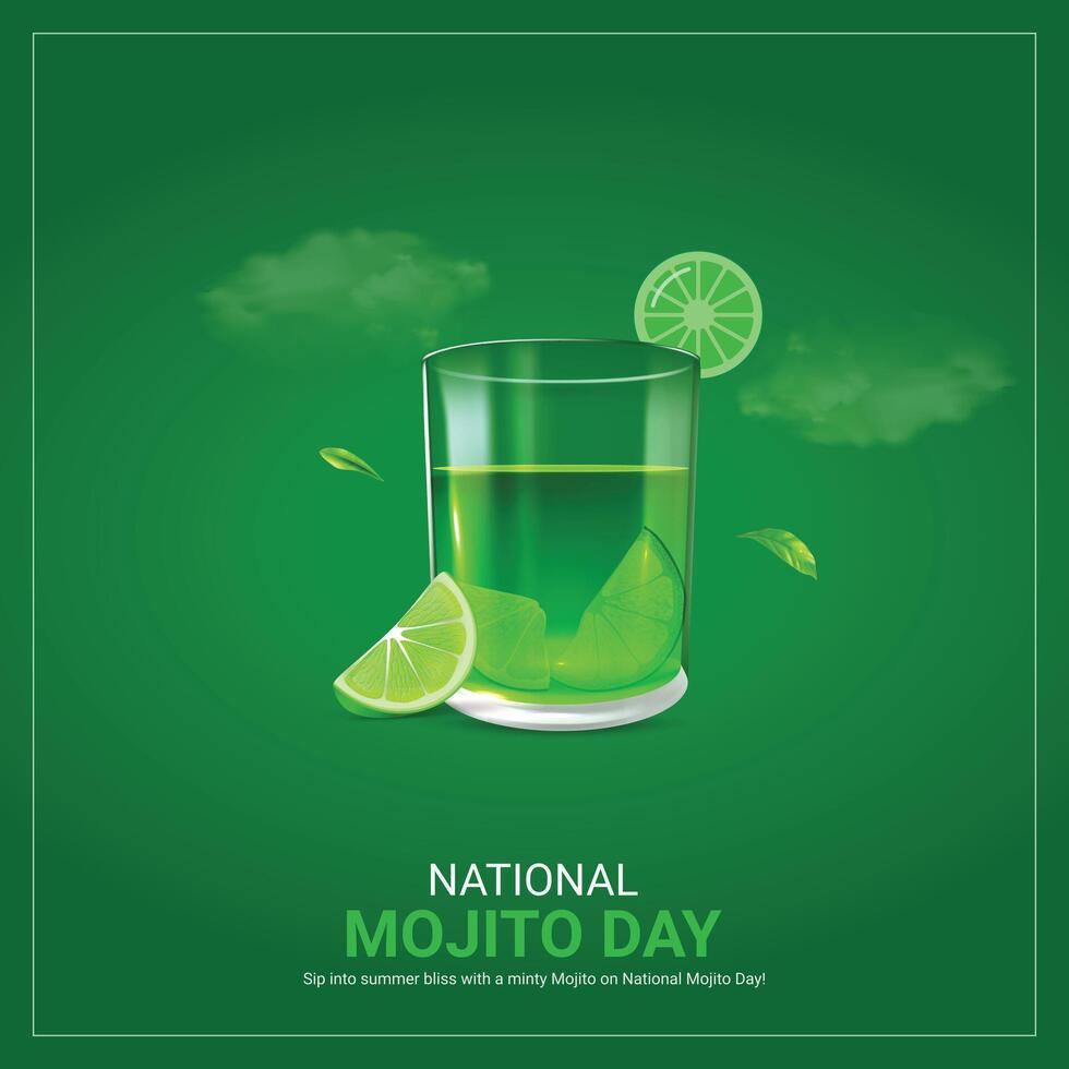 nationell mojito dag kreativ annonser design. nationell mojito dag, juli 11, 3d illustration vektor