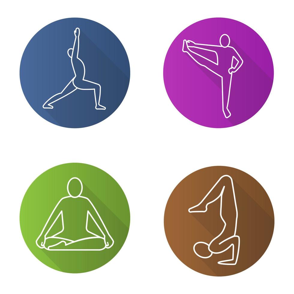 yoga asanas platt linjär lång skugga ikoner set. virabhadrasana, siddhasana, vrishchikasana, utthita hasta padangusthasana yogaställningar. vektor linje illustration