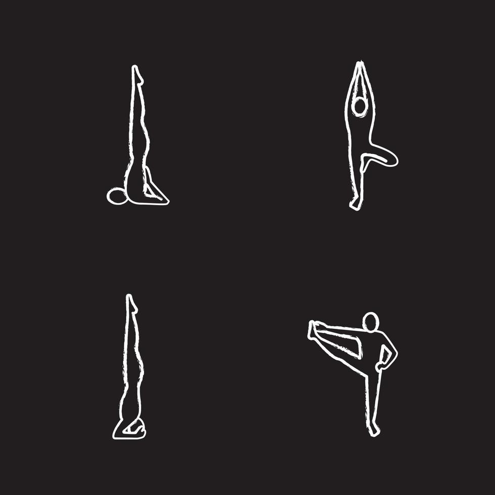 yoga asanas krita ikoner set. sarvangasana, vrikshasana, salamba sirsasana, utthita hasta padangusthasana yogaställningar. isolerade svarta tavlan vektorillustrationer vektor