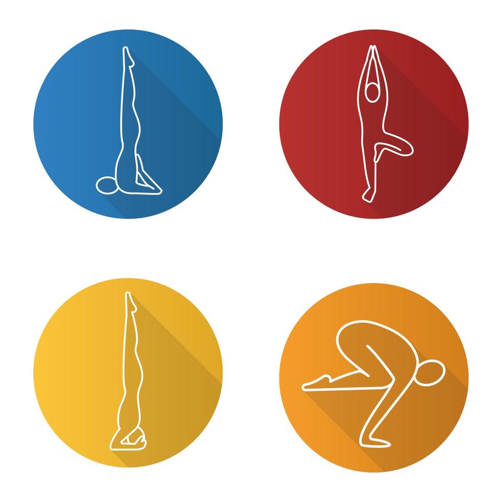 yoga asanas platt linjär lång skugga ikoner set. sarvangasana, vrikshasana, salamba sirsasana, bakasana. vektor linje illustration