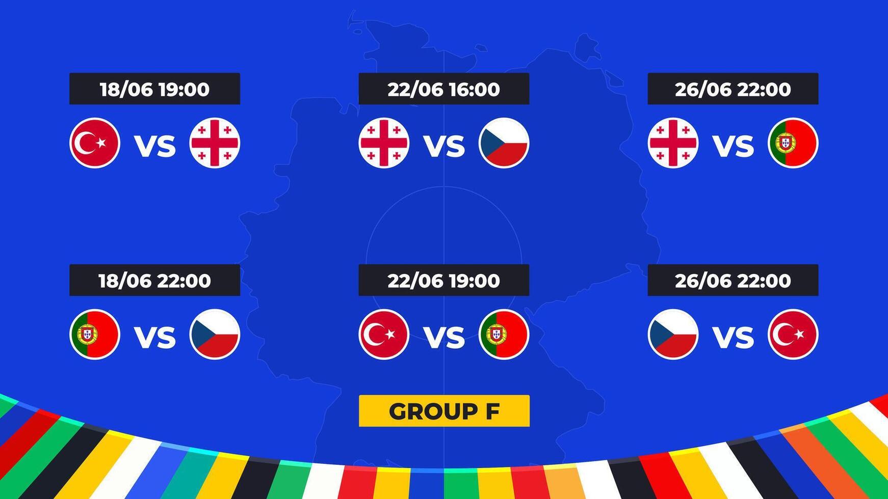 match schema. grupp f av de europeisk fotboll turnering i Tyskland 2024 grupp skede av europeisk fotboll tävlingar i Tyskland. vektor