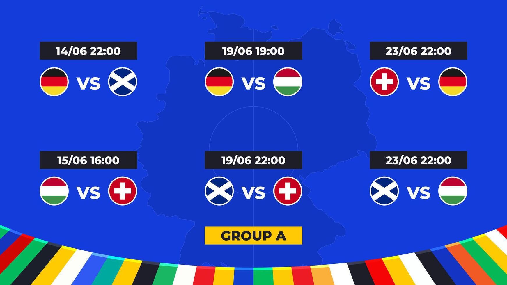 Spiel Zeitplan. Gruppe ein von das europäisch Fußball Turnier im Deutschland 2024 Gruppe Bühne von europäisch Fußball Wettbewerbe im Deutschland. vektor