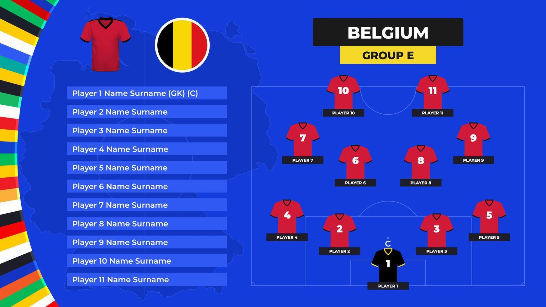 t-shirt och flagga. rada upp av de belgien nationell fotboll team. fotboll fält med de bildning av belgien spelare på de europeisk turnering 2024. vektor