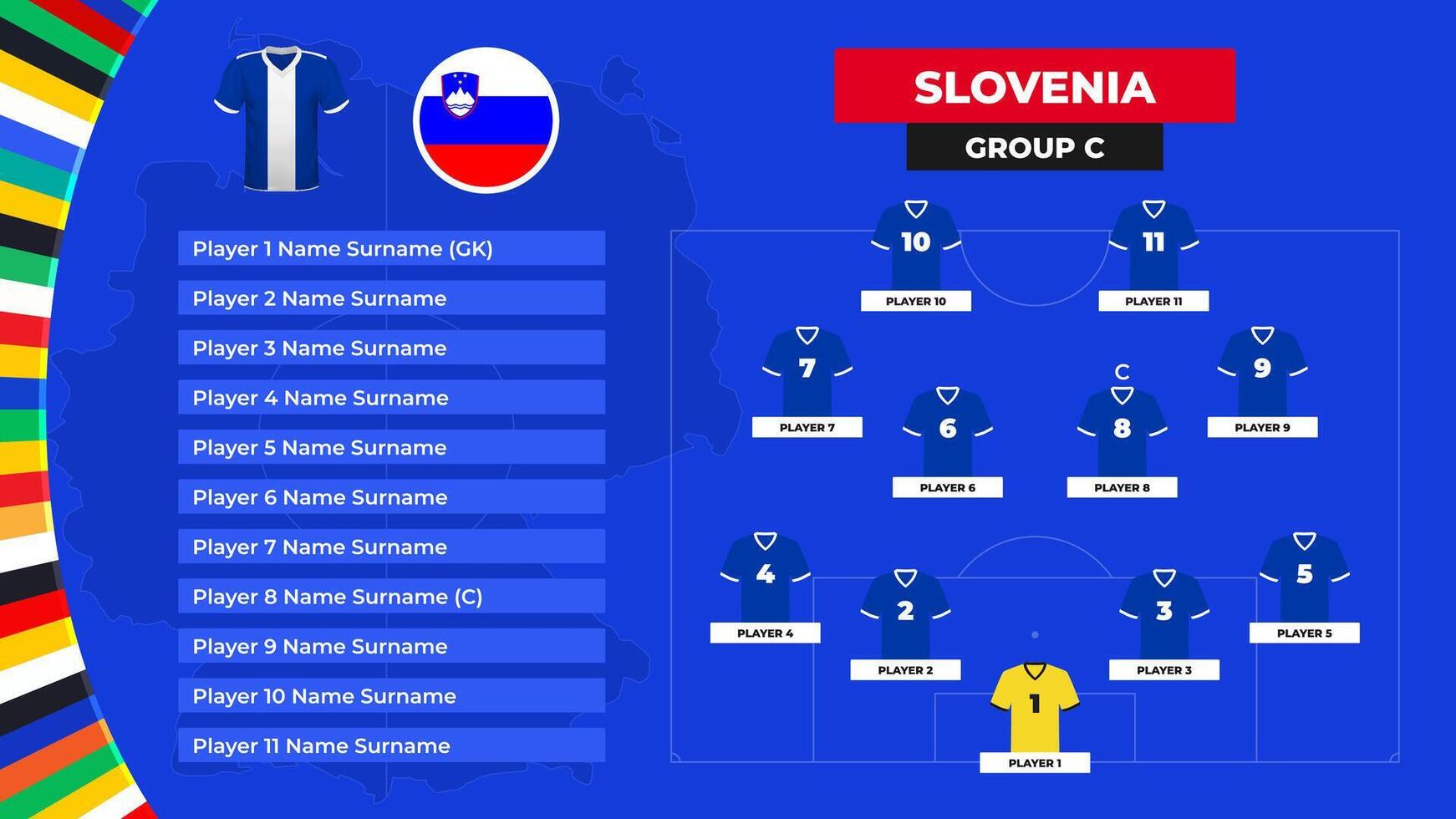 rada upp av de slovenien nationell fotboll team. t-shirt och flagga. fotboll fält med de bildning av slovenien spelare på de europeisk turnering 2024. vektor