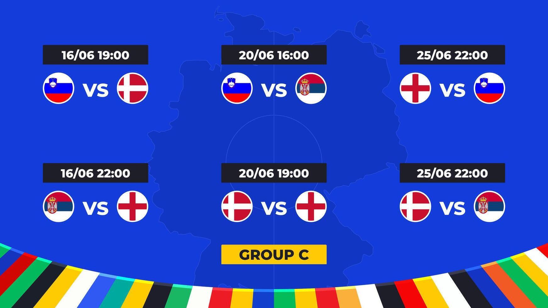 Spiel Zeitplan. Gruppe c von das europäisch Fußball Turnier im Deutschland 2024 Gruppe Bühne von europäisch Fußball Wettbewerbe im Deutschland. vektor