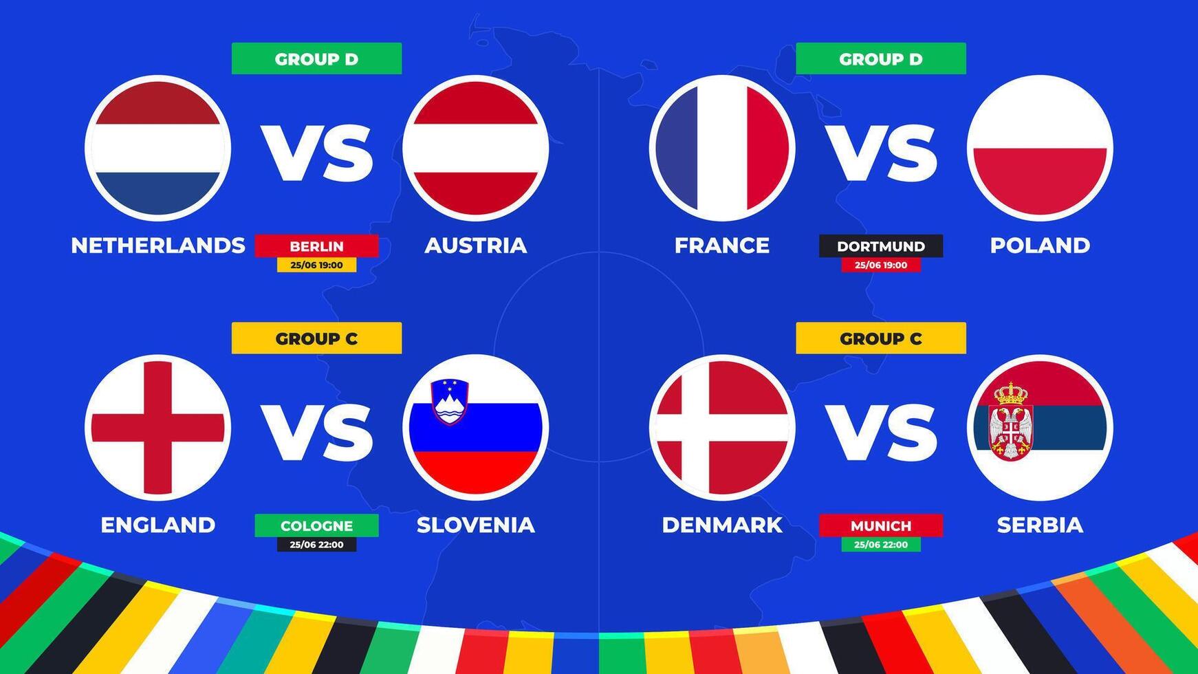 Spiel Zeitplan. Gruppe c und d Streichhölzer von das europäisch Fußball Turnier im Deutschland 2024 Gruppe Bühne von europäisch Fußball Wettbewerb vektor