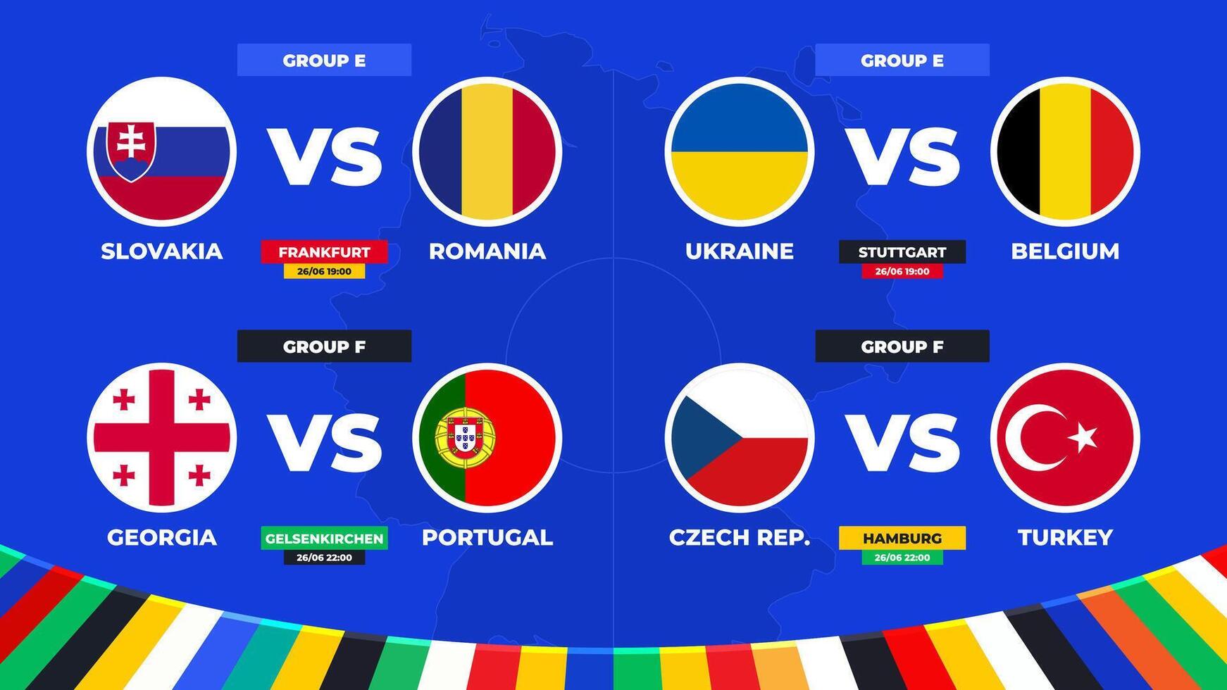 match schema. grupp e och f tändstickor av de europeisk fotboll turnering i Tyskland 2024 grupp skede av europeisk fotboll konkurrens vektor