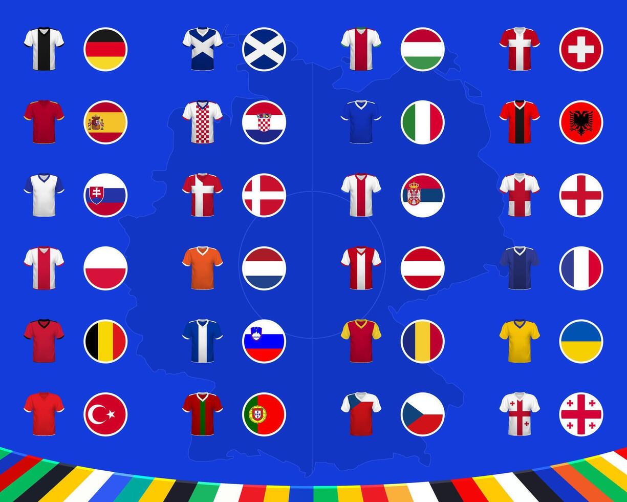 uppsättning av flaggor och t-tröjor kit av de nationell fotboll team. fotboll team flagga ikon. europeisk fotboll turnering i Tyskland. vektor