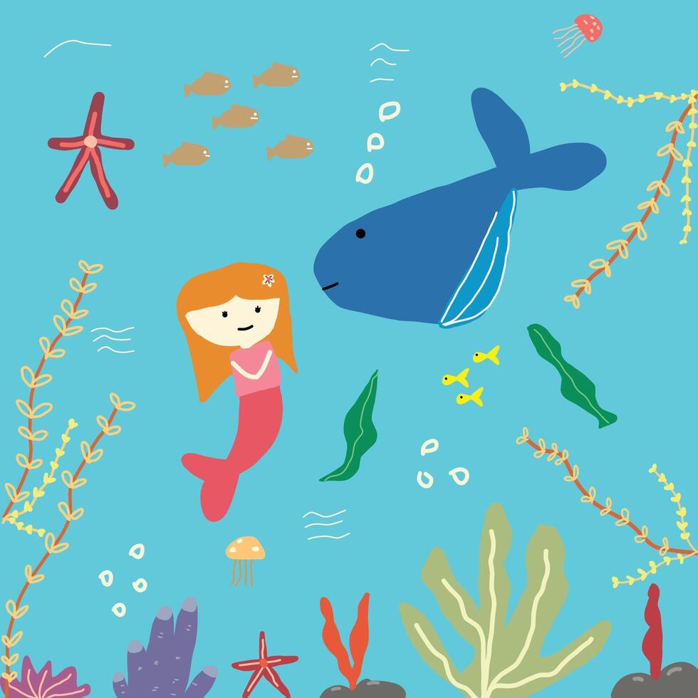 barn teckning sjöjungfrur, valar, och liv i de hav vektor