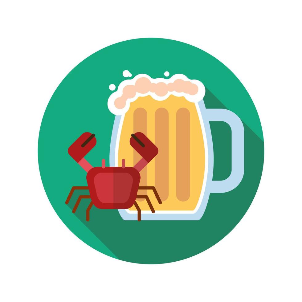 Bierkrug mit Krabben flaches Design lange Schatten Farbsymbol. Ale. Vektor-Silhouette-Abbildung vektor