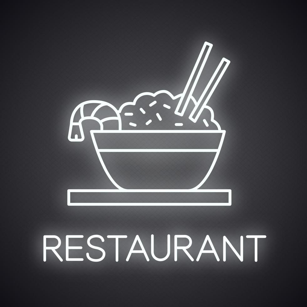 Reis mit Garnelen Neonlicht-Symbol. gebratener Reis in Schüssel und Stäbchen. chinesisches Restaurant leuchtendes Zeichen. isolierte Vektorgrafik vektor