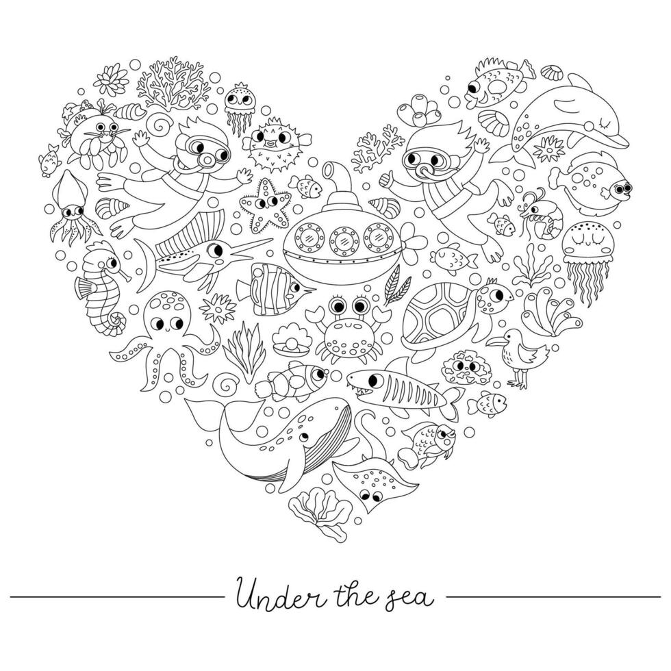 schwarz und Weiß unter das Meer Herz geformt Rahmen mit Taucher, U-Boot, Tiere, Unkraut. Linie Ozean Karte Vorlage Design oder Färbung Buchseite. süß Illustration mit Delfin, Wal vektor