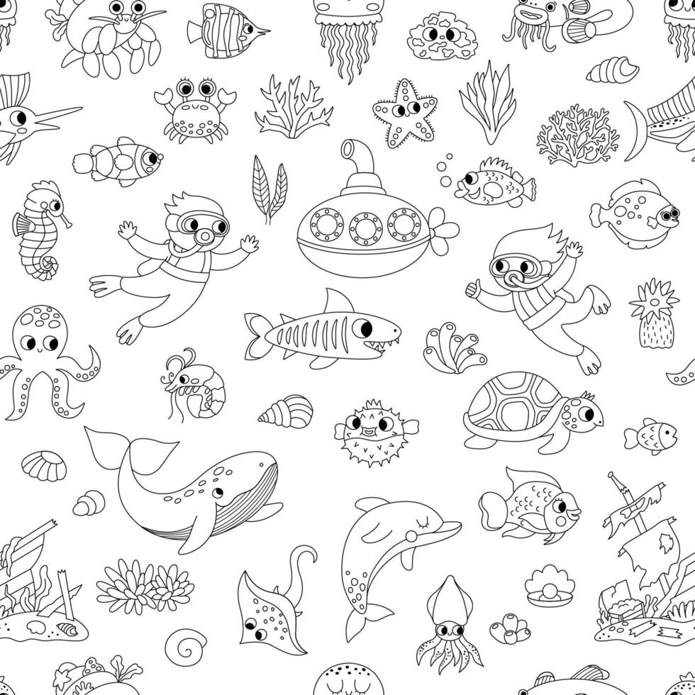svart och vit under de hav sömlös mönster. upprepa bakgrund med söt fisk, sjögräs, dykare, u-båt. hav liv linje digital papper. vatten djur och ogräs färg sida vektor