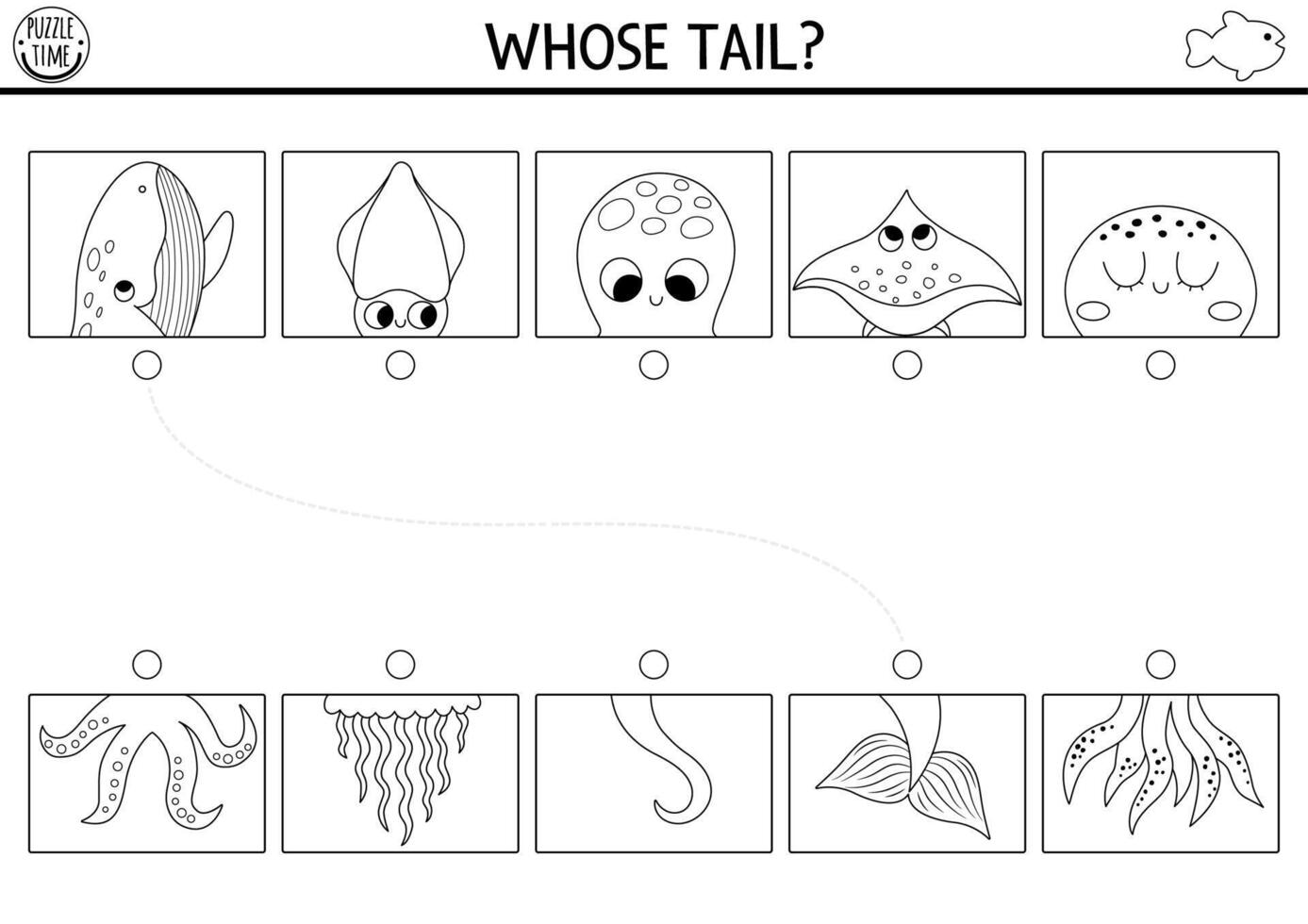 under de hav svart och vit ansluta halvor arbetsblad. matchande spel, färg sida för förskola barn med hav djur. match huvuden och svansar linje aktivitet med bläckfisk, manet, val vektor