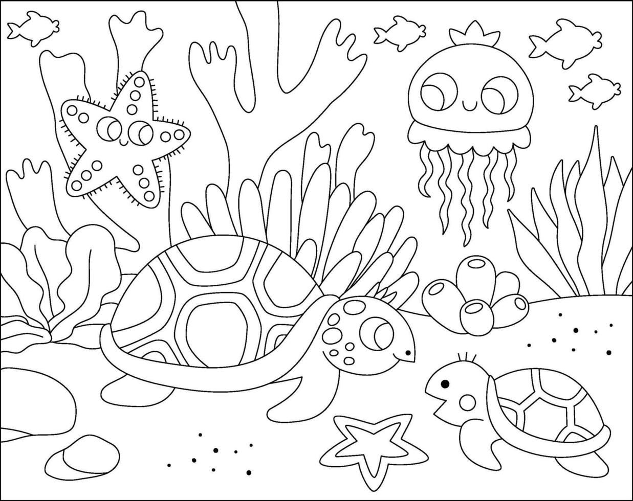 svart och vit under de hav landskap illustration med sköldpadda och bebis. hav liv linje scen med sand, sjögräs, koraller, rev. söt horisontell vatten natur bakgrund, färg sida vektor
