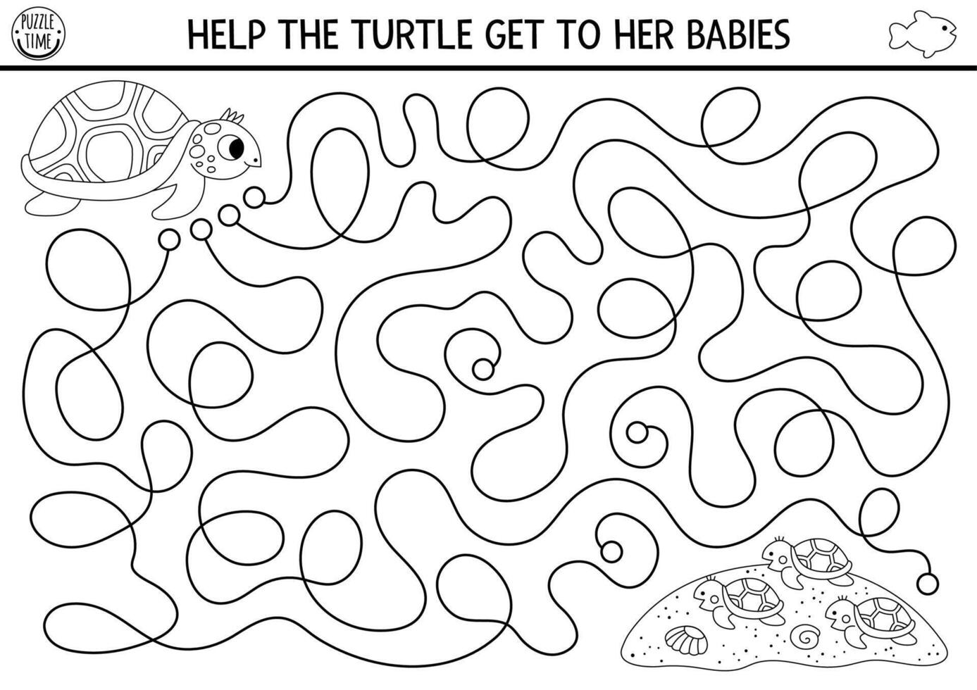under de hav svart och vit labyrint för barn med sköldpadda, snäckskal, sand. hav eller mödrar dag linje förskola tryckbar aktivitet. vatten labyrint spel, färg sida. hjälp sköldpadda skaffa sig till spädbarn vektor