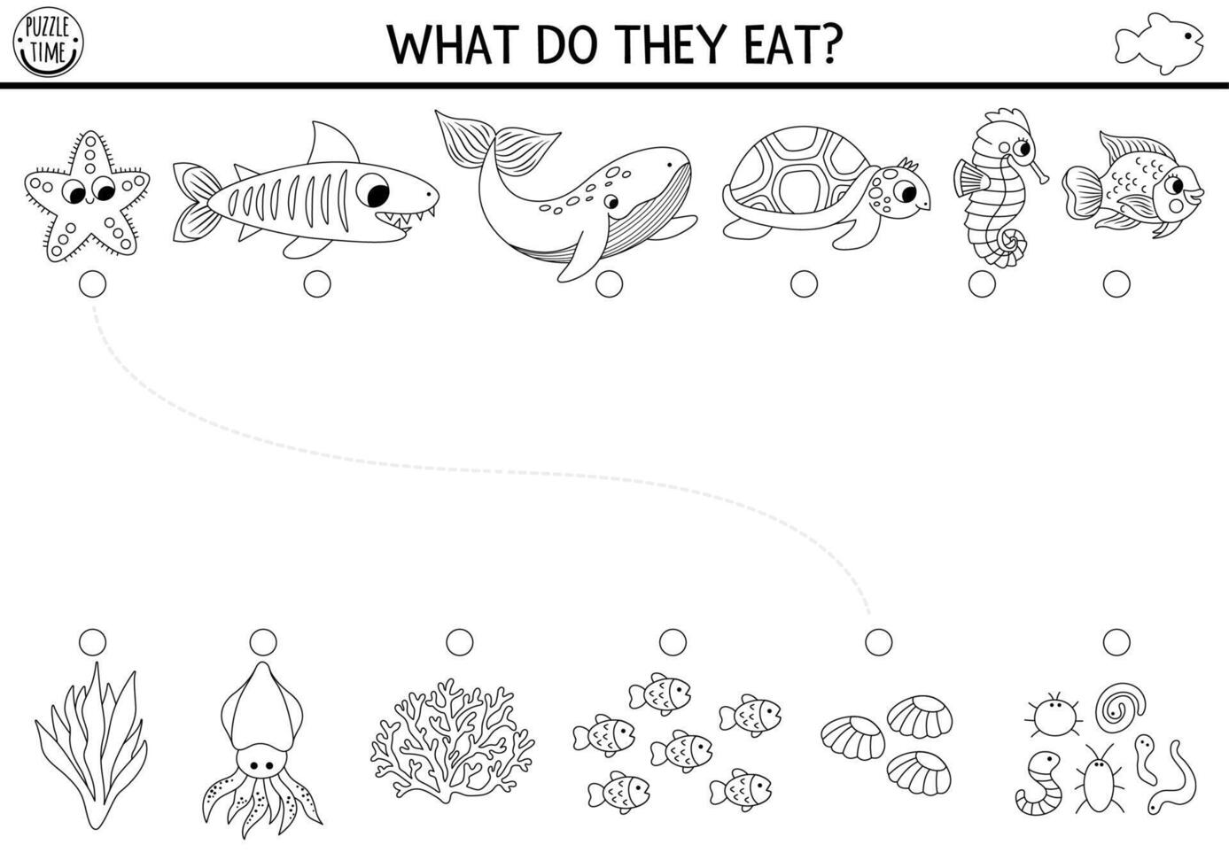 under de hav svart och vit matchande aktivitet med söt fisk, mat. vatten linje pussel med val, sköldpadda, haj. match objekt spel. utfodra djur tryckbar arbetsblad. hav färg sida vektor
