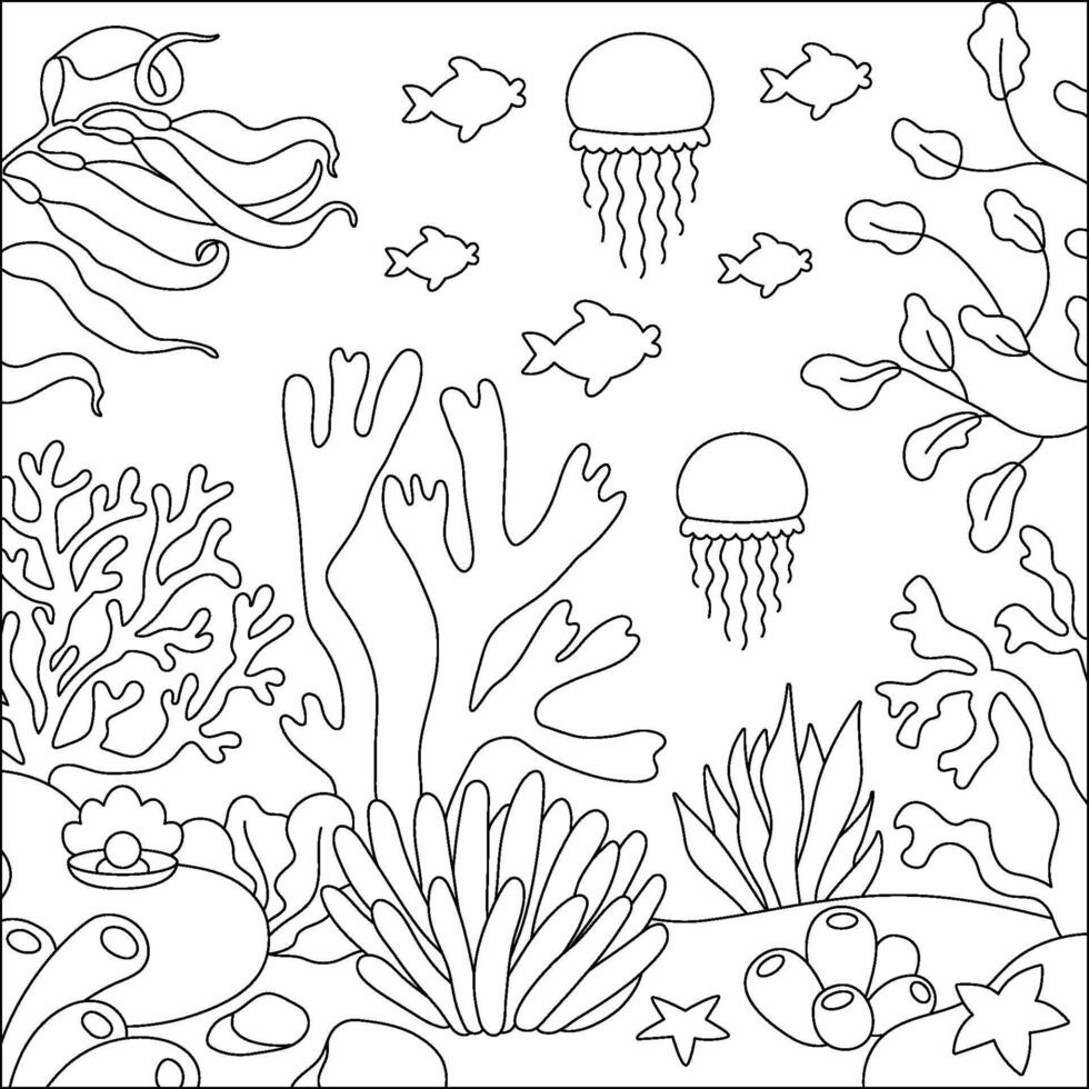 svart och vit under de hav landskap illustration. hav liv linje scen med sand, sjögräs, stenar, koraller, rev. söt fyrkant vatten natur bakgrund, färg sida vektor