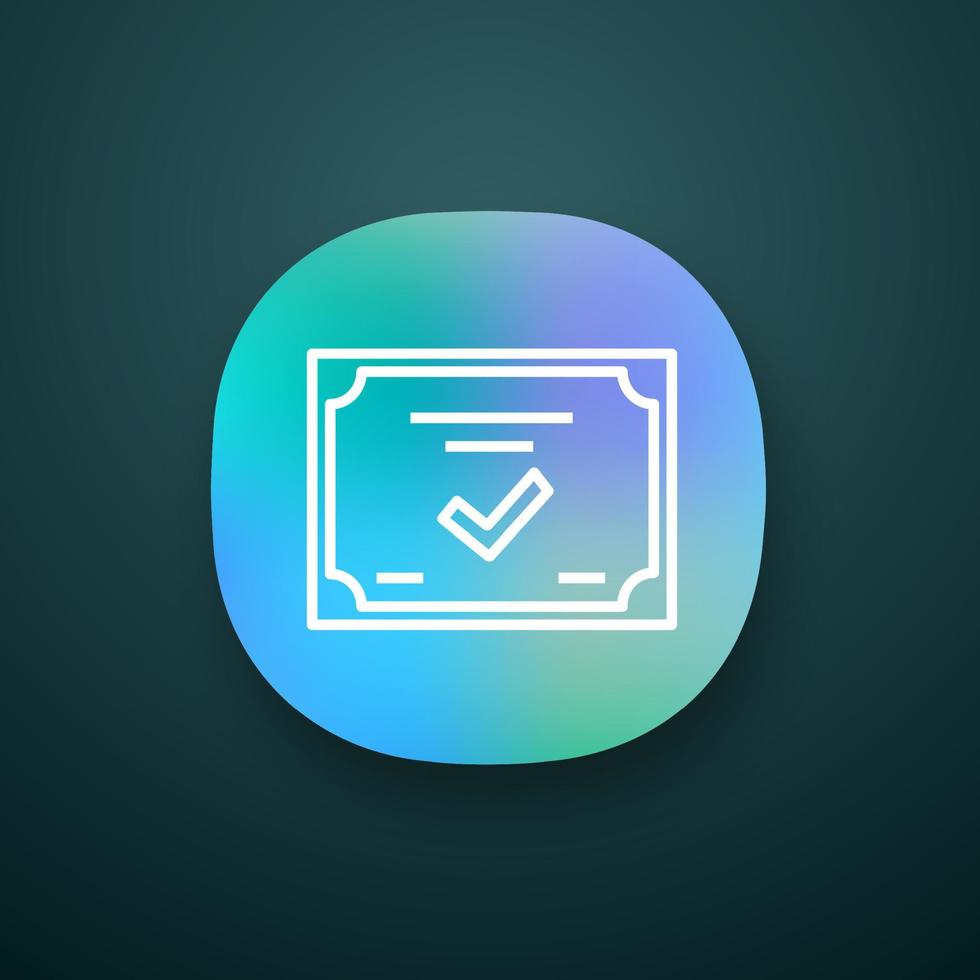 Symbol für die Zertifikat-App. ui ux-Benutzeroberfläche. Diplom. Qualitätszertifikat. vergeben. Lizenz. Web- oder mobile Anwendung. isolierte Vektorgrafik vektor