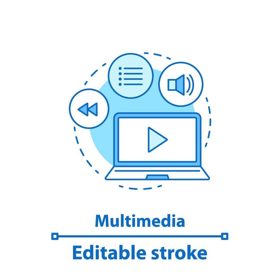 Symbol für Multimedia-Konzept. Mediaplayer-Schnittstelle. Videoidee mit dünner Linie abspielen. Vektor isolierte Umrisszeichnung. bearbeitbarer Strich