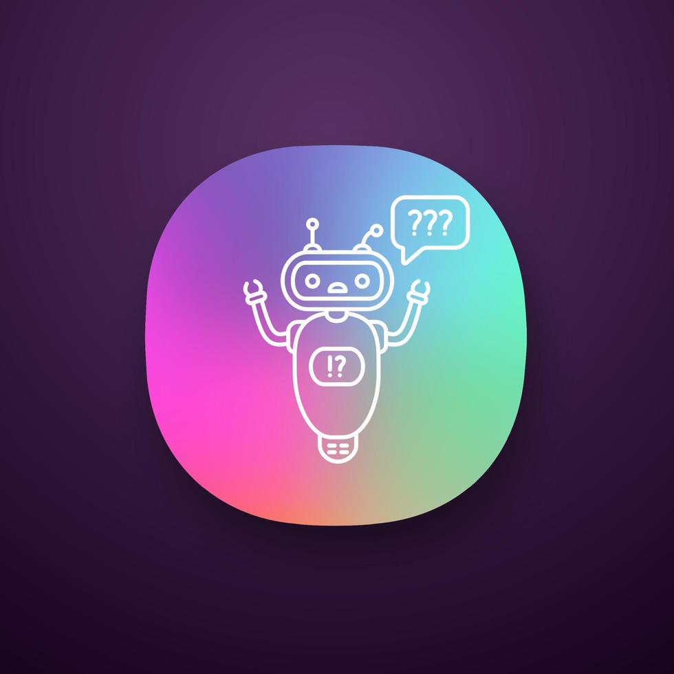 hjälp chatbot app-ikon. ui ux användargränssnitt. faq chat bot. förvirrad robot med frågetecken i pratbubblan. webb- eller mobilapplikation. vektor isolerade illustration