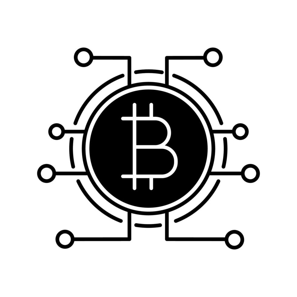 Bitcoin-Glyphe-Symbol. virtuelle Währung. Online-Banking. Silhouette-Symbol. Bitcoin-Zahlung. Kontursymbol. Mikrochippfade mit Münze im Inneren. negativen Raum. isolierte Vektorgrafik vektor