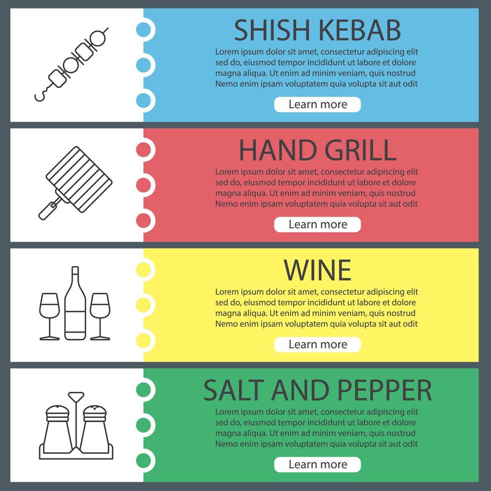 grill webb banner mallar set. bbq. shish kebab, handgrill, vin, salt och peppar shakers. webbplats färg menyobjekt med linjära ikoner. vektor headers designkoncept