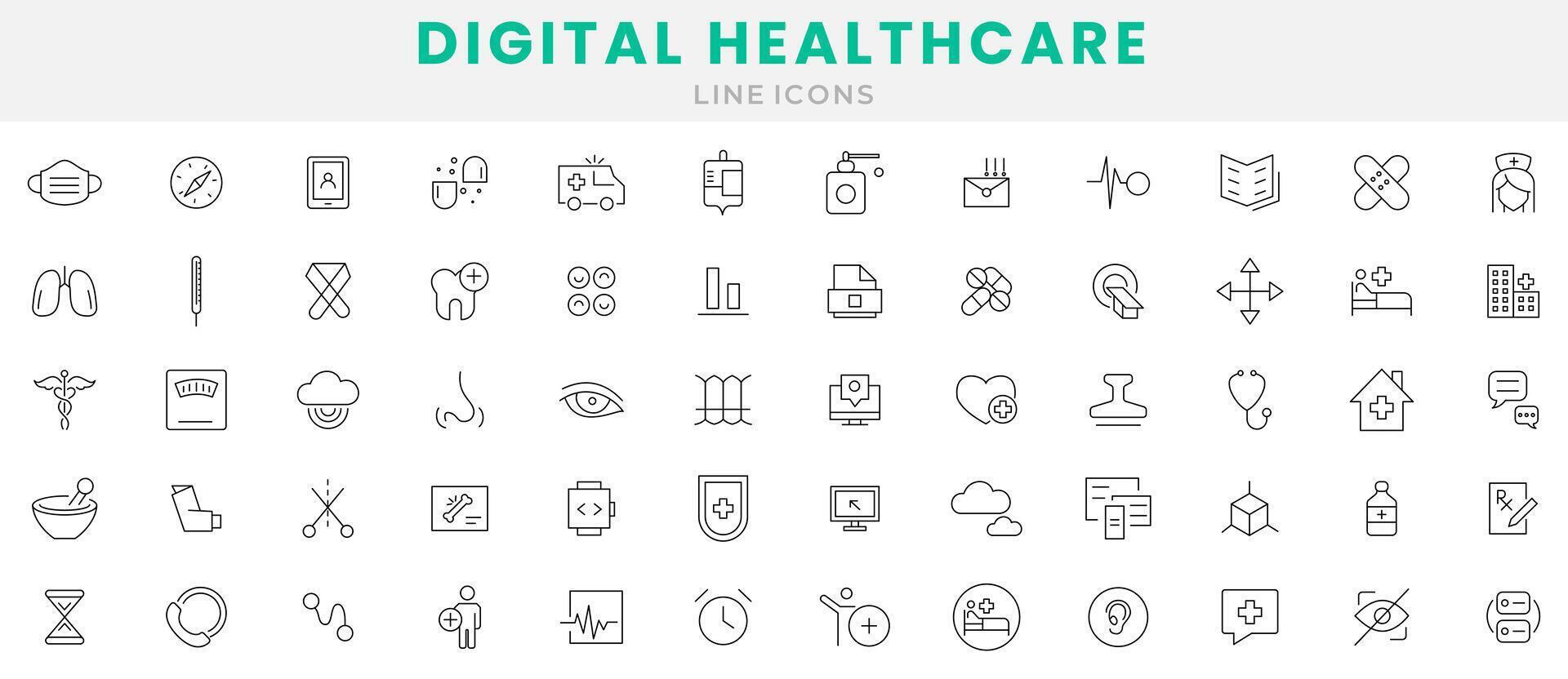 digital sjukvård medicinska ikon uppsättning. sjukvård, medicinsk, medicin, kolla upp upp, läkare, tandvård, apotek, labb, vetenskaplig upptäckt ikoner samling. översikt ikon samling. tunn översikt ikoner packa vektor