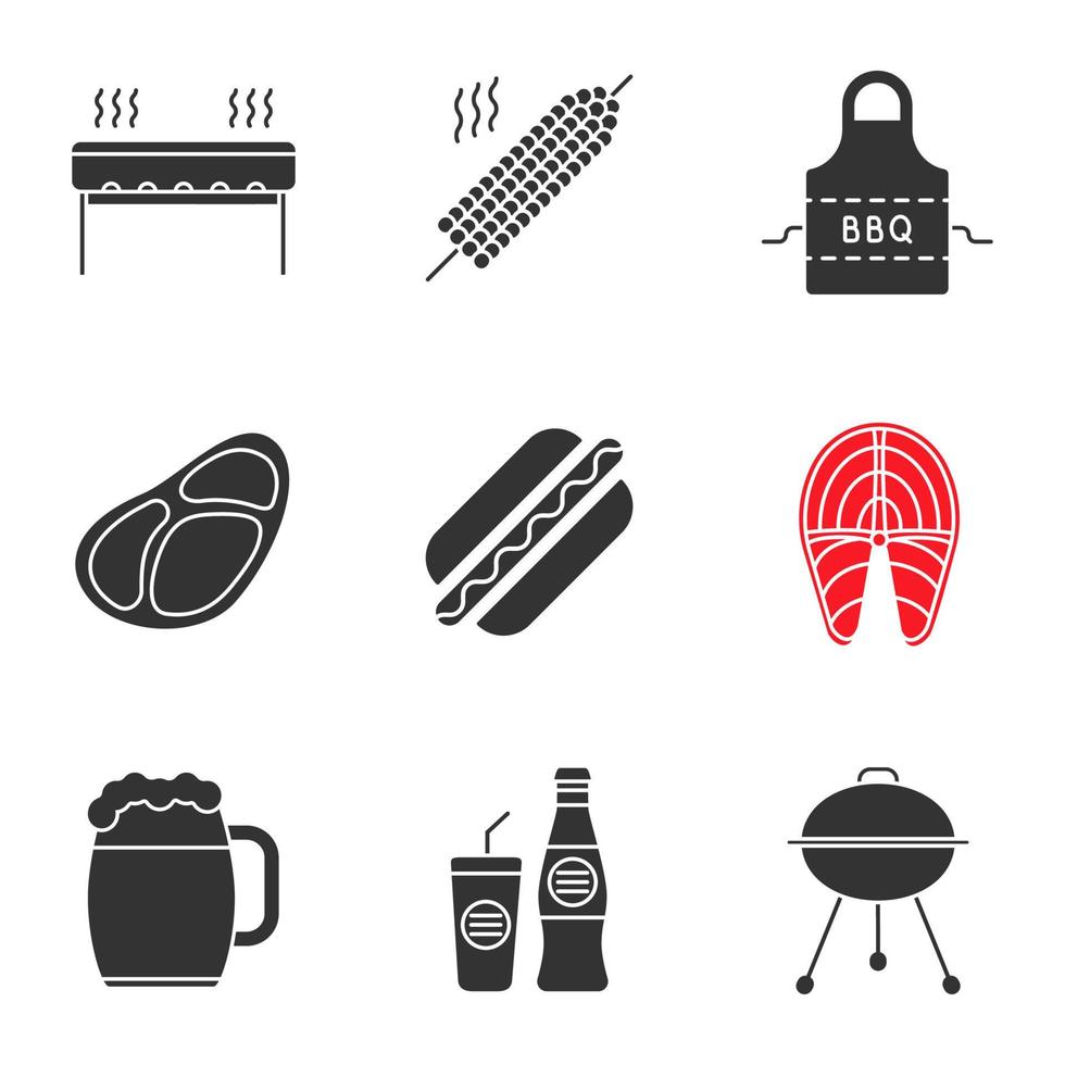 grill glyf ikoner set. bbq. grillar, majs på spett, förkläde, biff, varmkorv, fisk, ölmugg, läsk. siluett symboler. vektor isolerade illustration