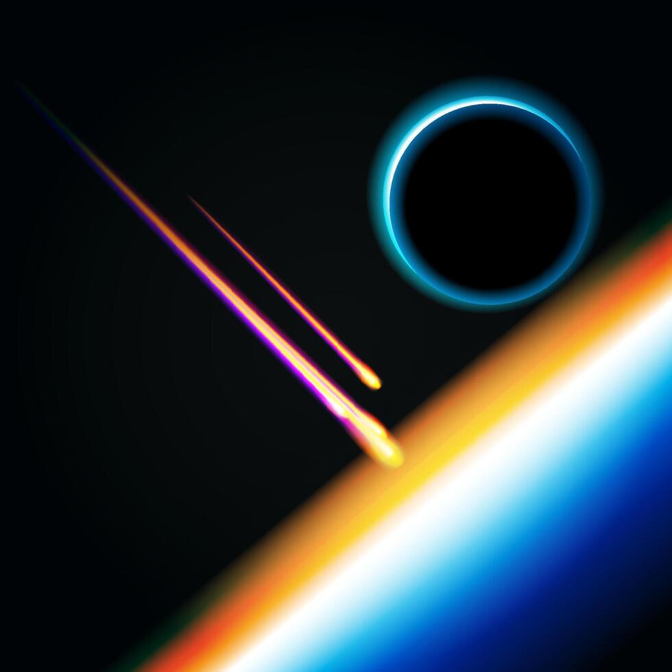realistisk illustration av en planetens bana med faller in i de atmosfär förbi meteoriter vektor
