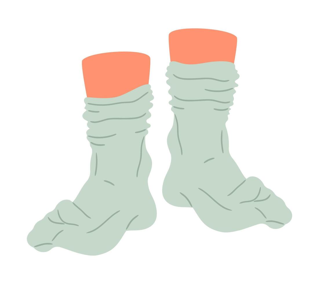 Mensch Füße tragen Baumwolle Socken. Hand gezeichnet Füße im Socken, Paar Füße im entspannt Position eben isoliert Illustration. weiblich Füße auf Weiß Hintergrund vektor