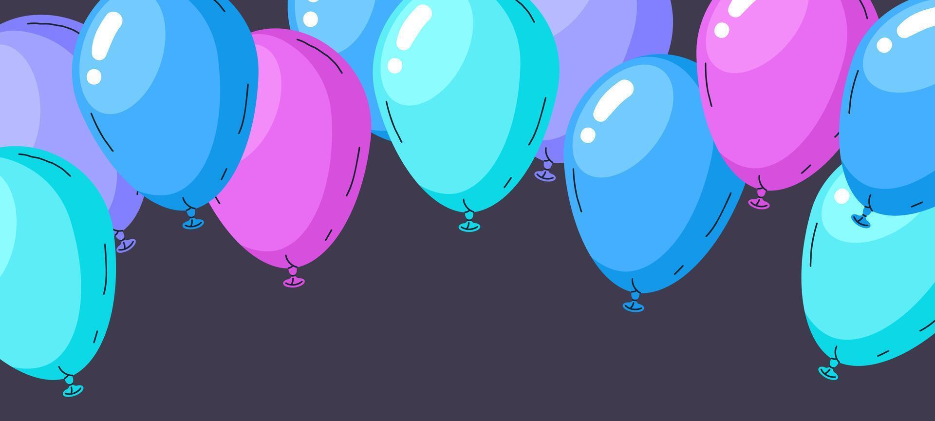 Geburtstag Party Luftballons Hintergrund. mehrfarbig Helium Luftballons, bunt Luft Ballon Dekorationen eben Illustration. glänzend Luftballons Hintergrund vektor