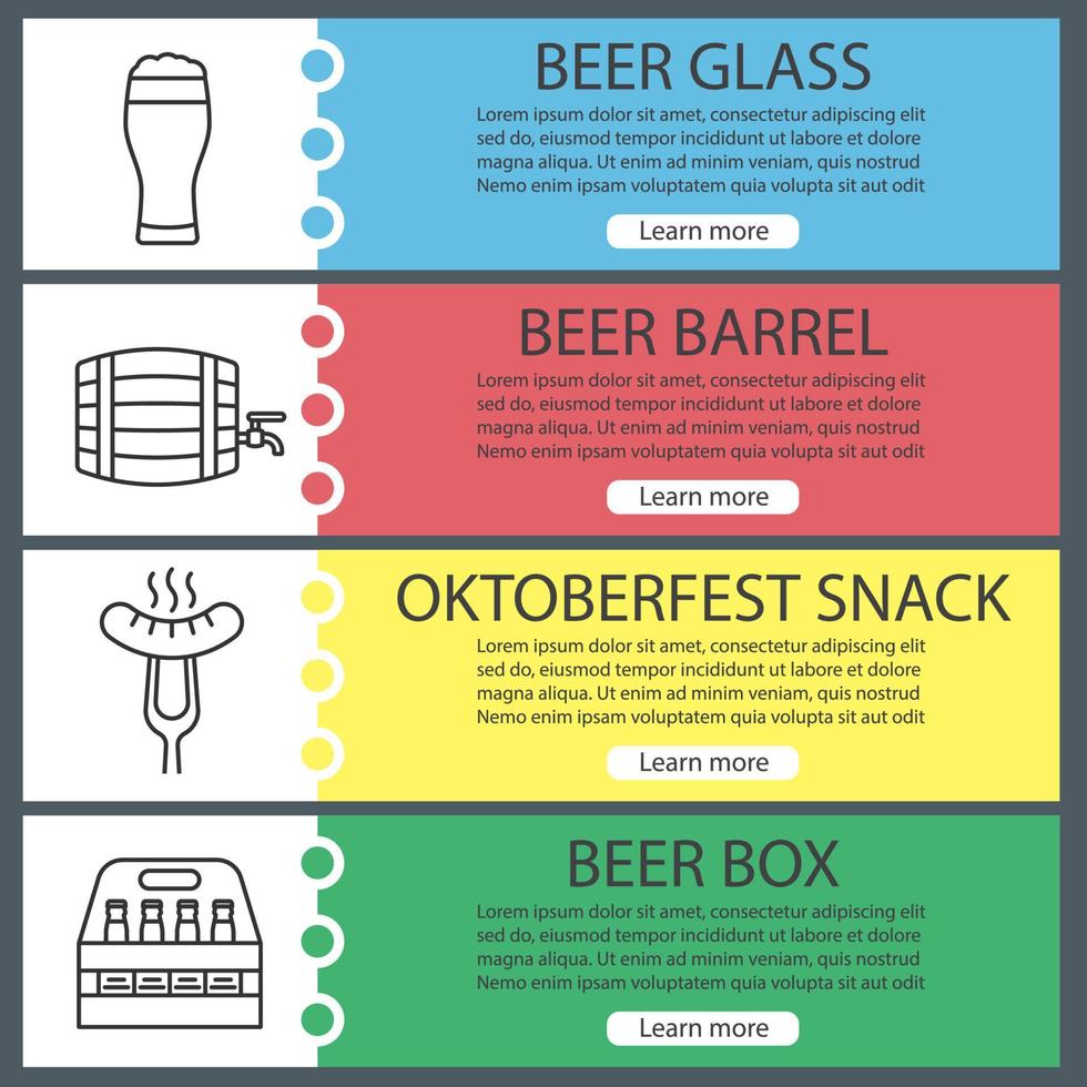 Bier-Web-Banner-Vorlagen eingestellt. Wurst auf Gabel, Bierglas, Flaschenkasten und Fass. Website-Farbmenüelemente mit linearen Symbolen. Designkonzepte für Vektorheader vektor