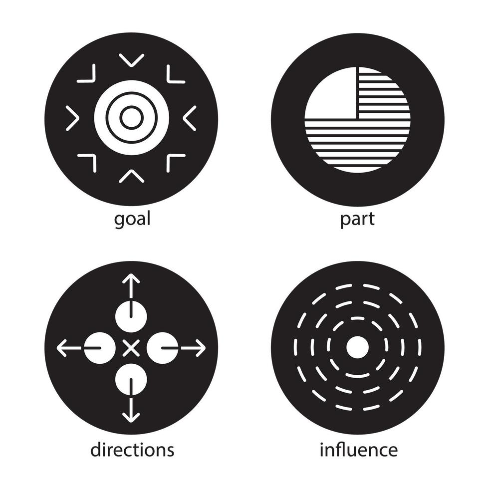 abstrakte Symbole Icons Set. Ziel, Teil, Richtungen, Einflusskonzepte. Vektorgrafiken von weißen Silhouetten in schwarzen Kreisen vektor