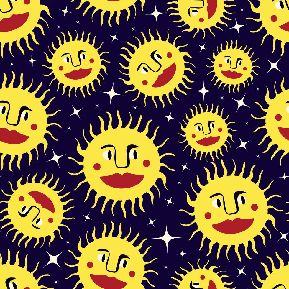 ein Muster von Gelb Sonnen mit rot Lippen und Augen vektor