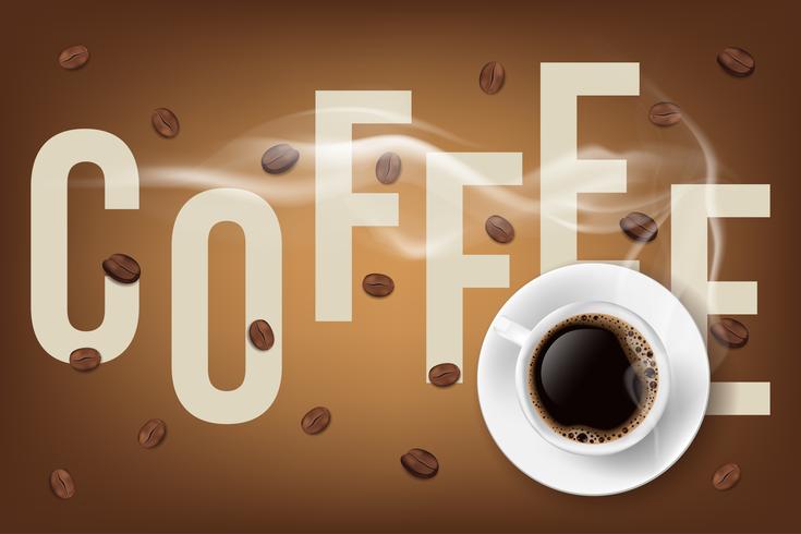 Fylld kaffekopp och kaffebönor med beskrivning. 3d vektor illustration