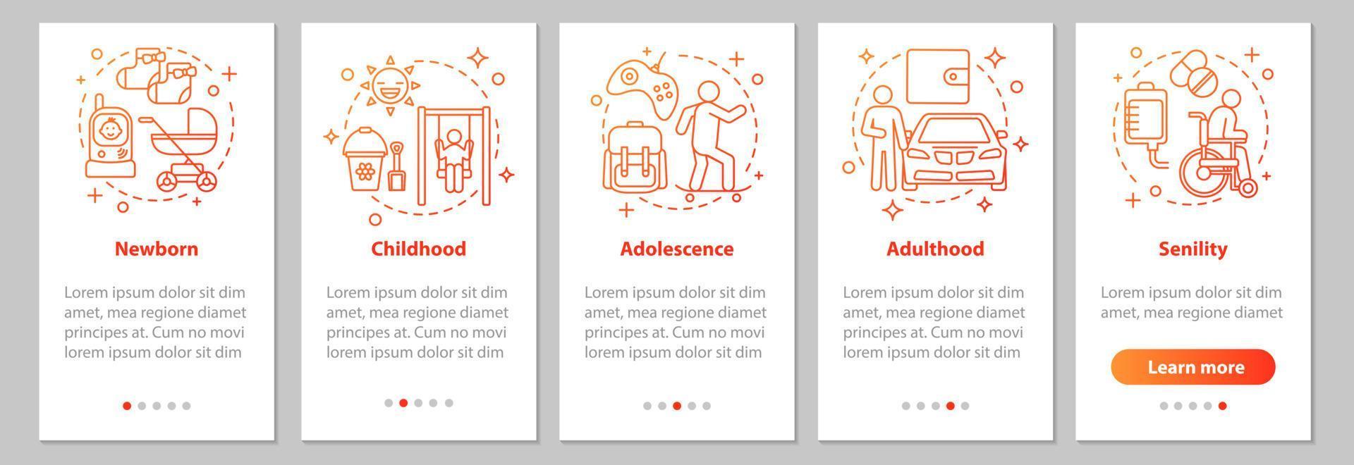 Human Lifecycle Onboarding mobiler App-Seitenbildschirm mit linearen Konzepten. Neugeborene, Kindheit, Jugend, Erwachsenenalter, Senilitätsschritte grafische Anweisungen. ux, ui, gui Vektorvorlage mit Illustrationen vektor