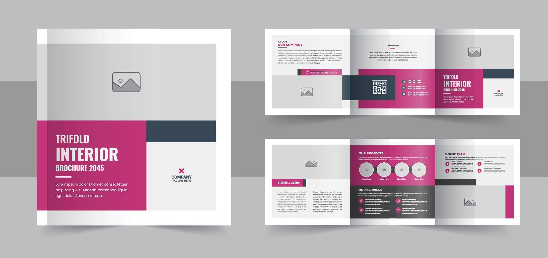 Innere Design Platz dreifach Broschüre, kreativ Innere Design Portfolio Layout Vorlage oder Innere Design Zeitschrift Layout vektor